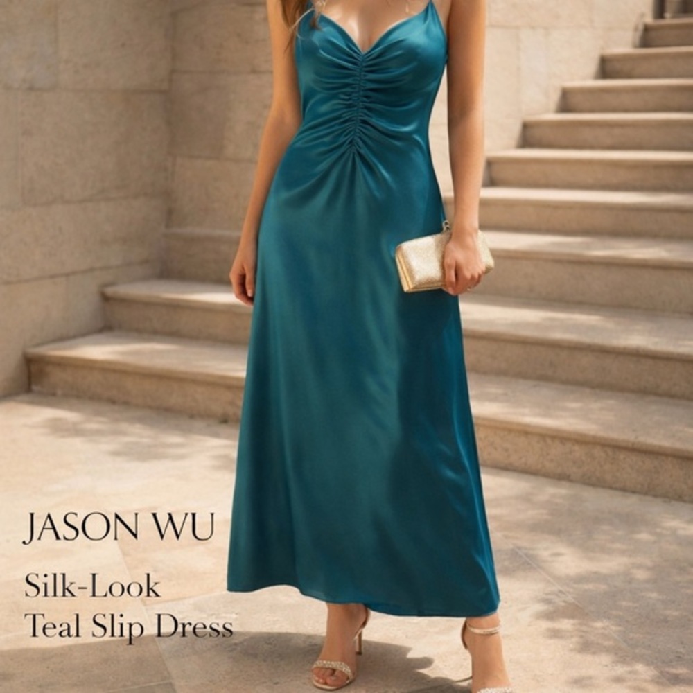 Jason Wu Teal Satin Ruched Slip Maxi Dress Open Back Designer Size S